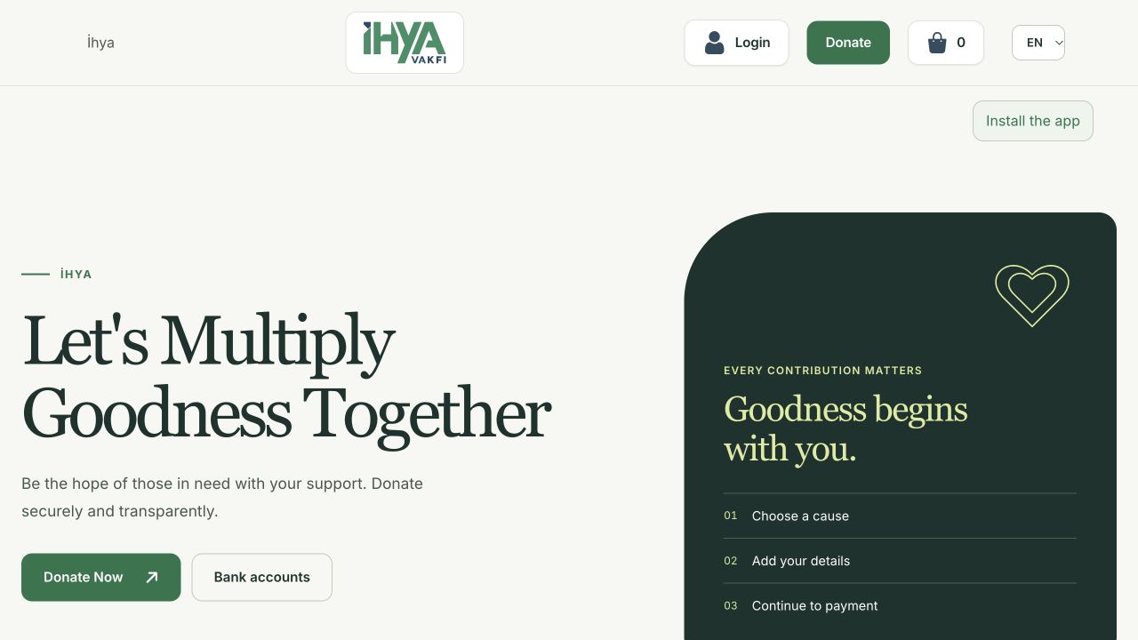 Refreshed English donation homepage on the live Ihya Foundation application