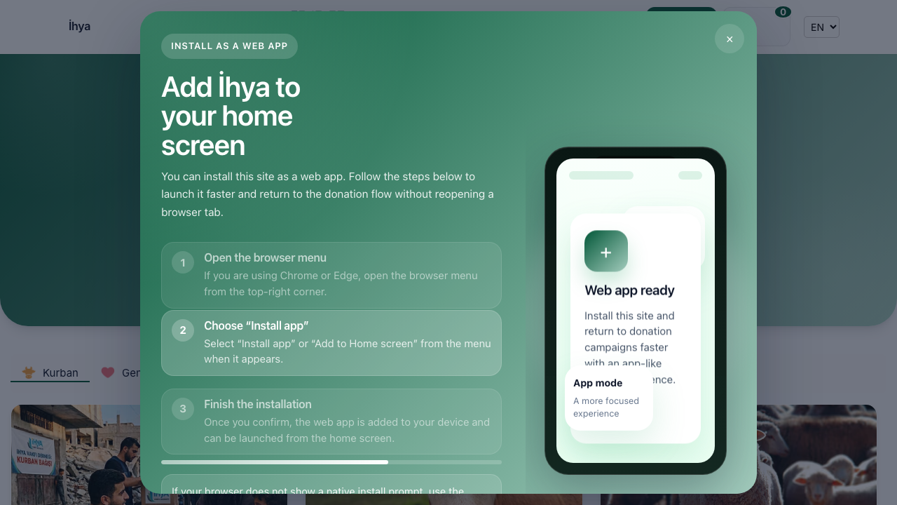 English desktop homepage view of the live Ihya donation platform