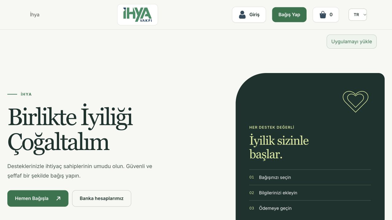 İhya Vakfı canlı uygulamasında yenilenen Türkçe bağış ana sayfası