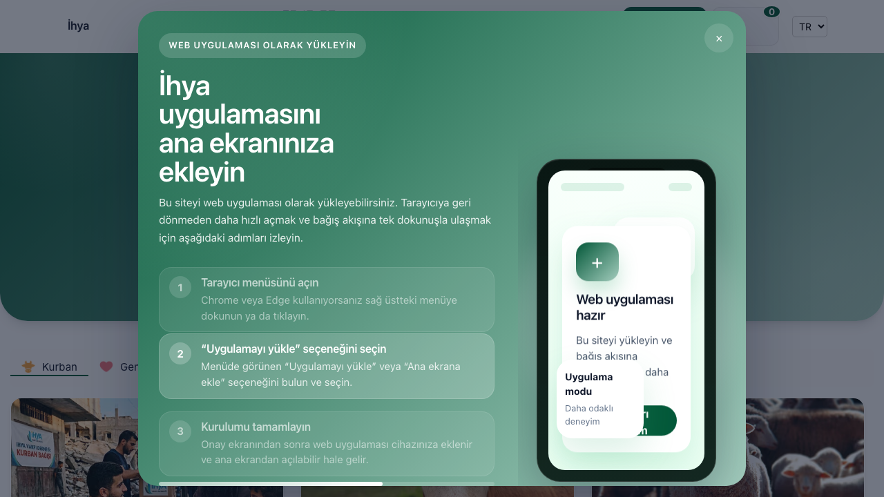 İhya Vakfı canlı bağış platformunun Türkçe masaüstü ana sayfa görünümü